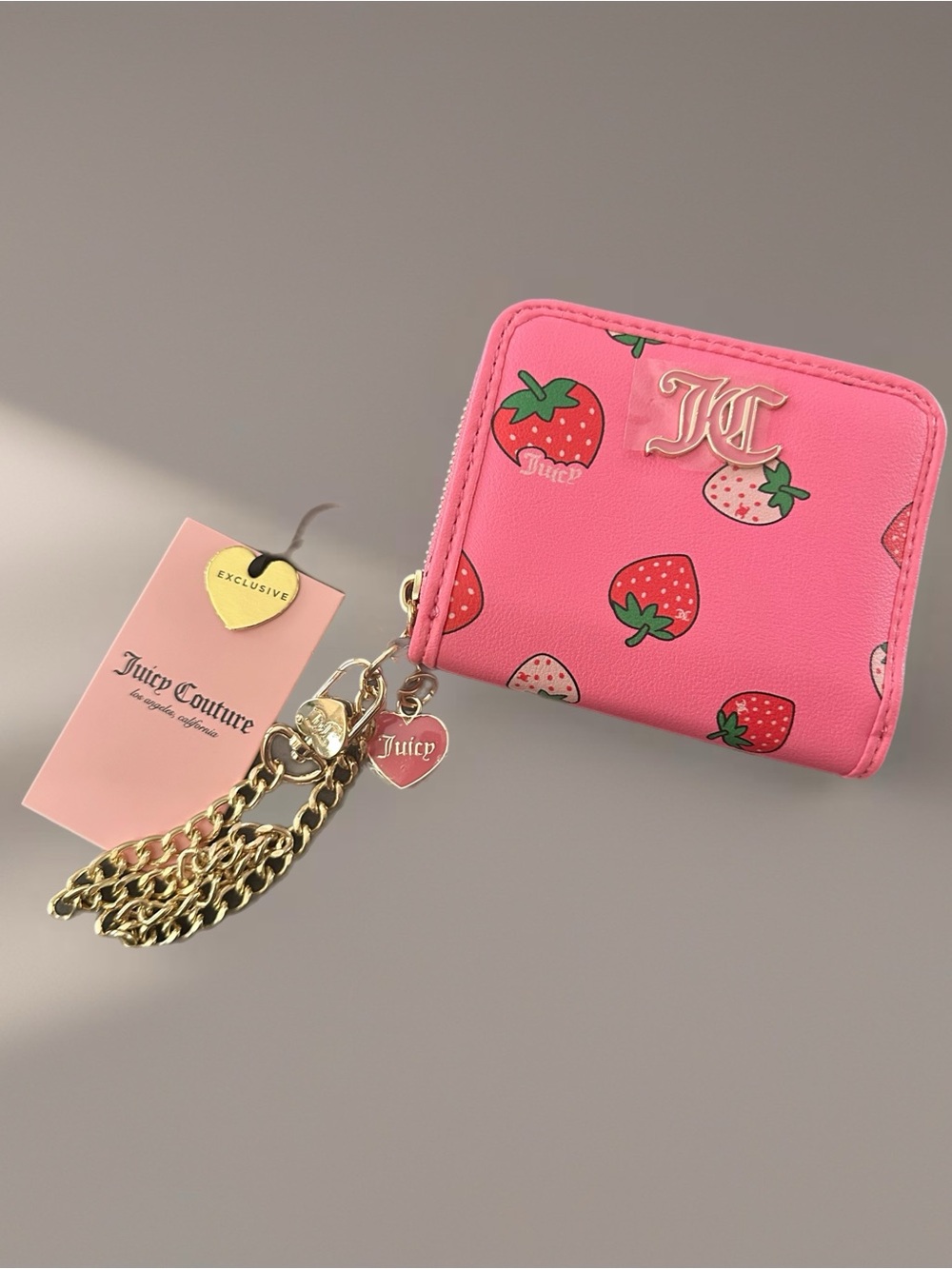Juicy Couture Pink Strawberry Print Zip Wallet with Gold Charm Chain